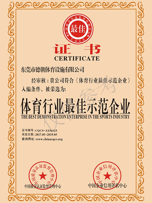 德朝-體育行業(yè)最佳示范企業(yè)證書(shū)